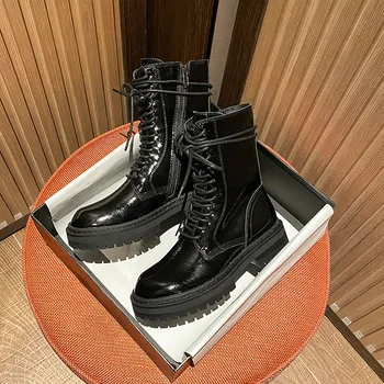 

2020 New Women Martin Boots Internet Celebrity Inspired British Style Lace-up Side Zipper Machine Boots Ankle Boots Fashion