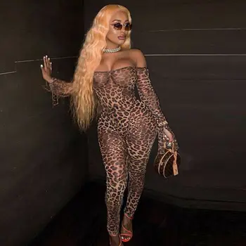 

Sexy Off Shoulder Flare Sleeve Mesh Sexy Jumpsuit Women Tiger Zebra Pattern Leopard Print Romper Female Club Party Punk Overalls