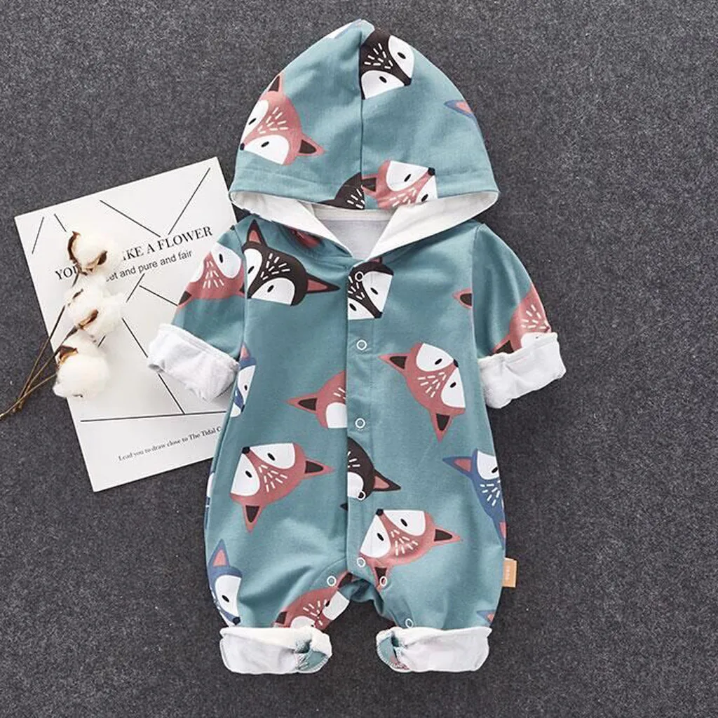 Детская одежда для новорожденных хлопковый комбинезон унисекс с капюшоном и