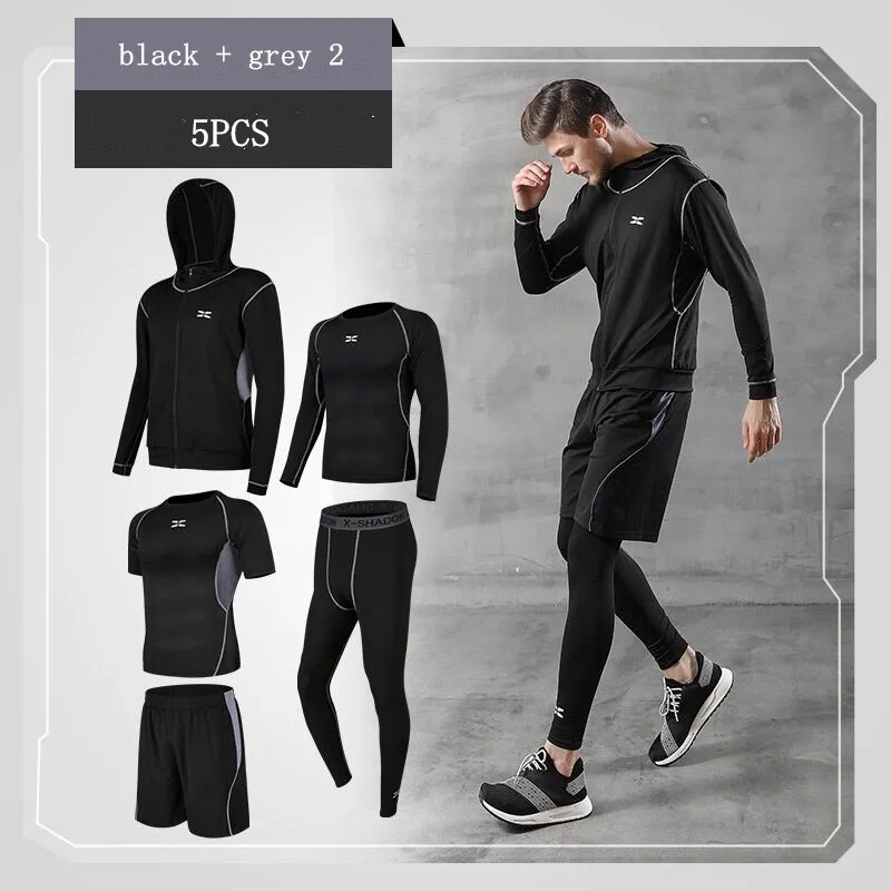 5pcs black grey 5 шт., мужской спортивный костюм, спортивный комплект, мужской костюм для фитнеса, баскетбола, одежда для спортзала, тренировочная одежда для тренировок, уличная одежда, спортивная одежда для бега, йоги - Цвет: 5pcs black grey