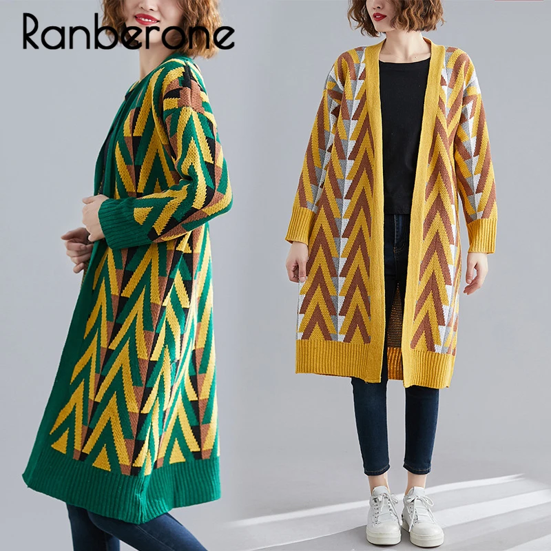 

Women Long Sweater Cardigan 2019 New Autumn Winter Long Sweater Jacket Geometric Knit Cardigans Long Overcoat Winter Coat Woman