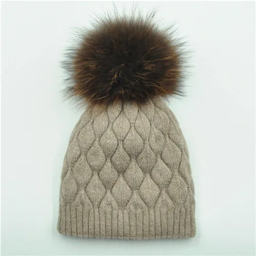 Women Winter Hat Angora Knitted Wool Beanie Female New Fashion Casual Outdoor Thick Ladies Warm Fur Ball Hats - Color: Brown match fur