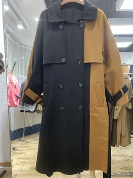 

Autumn And Winter Color Matching Double-breasted Windbreaker Loose Casual With Belt Mid-length Ladies Lapel Jacket M367
