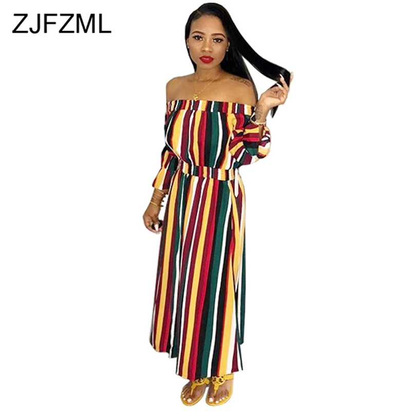 

Colorful Striped Plus Size Maxi Dress Women Off The Shoulder Pleated Party Club Dress Summer Open Back High Waist Long Dress