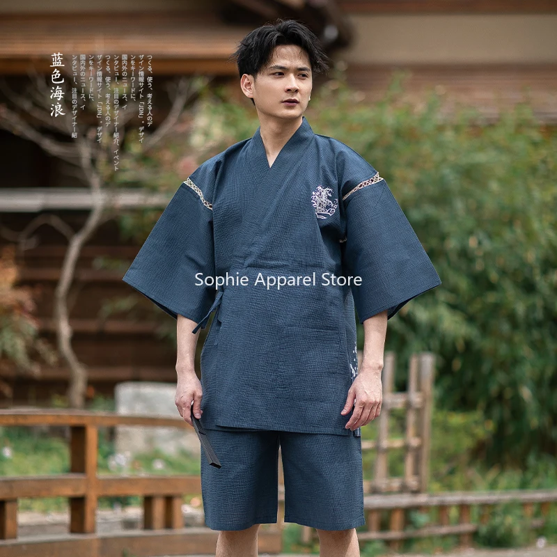 Men's Japanese Kimono Summer Lounge Set Jinbei Men Pyjama Sets Yukata Nightwear japanese kimono