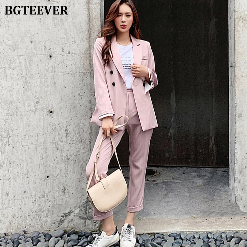 

BGTEEVER Elegant Striped Women Blazer Suit Set Long Flare Sleeve Women Pant Suits Workwear 2 Pieces Set Female Trouser Suit 2019