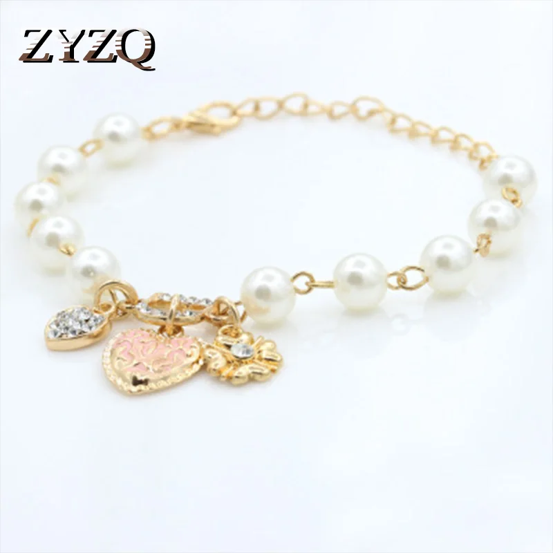 

ZYZQ Charming Geometric Heart Pendant Bracelets For Women With Romantic Simulated Pearl Chain Jewelry Wholesale Lots&Bulk