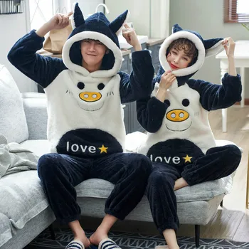 

New Unisex Adult Couple Pajamas Men Winter Flannel Sleepwear 2 Pcs Warm Pajamas Set Animal Cartoon Cute Men Home Party Clothes