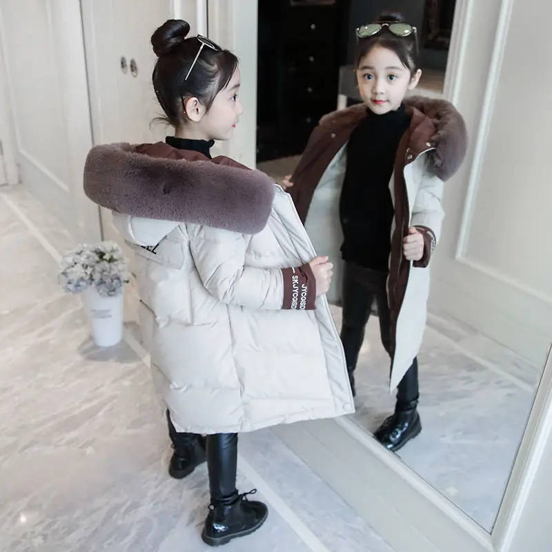 

New Fashion Girls Clothing Winter Warm Down Cotton Jackets Children Fur Collar Coats Girl Thickening Hooded Kids Clothes Coat