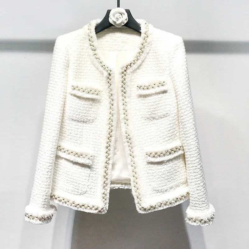 

White tweed women jacket Hand-made beads spring / autumn / winter woolen coat new Wool classic jacket Ladies