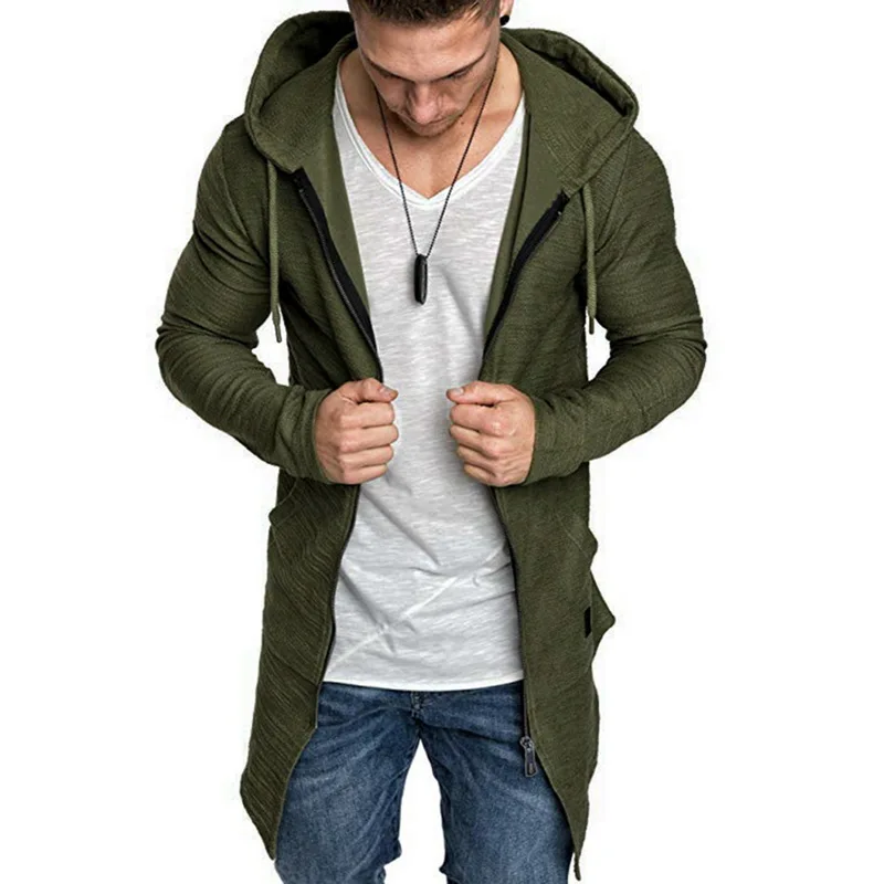 

New 2019 Mens Hooded Solid Trench Coat Jacket Cardigan Long Sleeve Outwear Male Autumn Winter Slim Fit Long Coat Tops