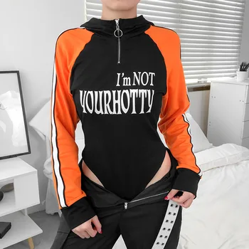 

Moto & Biker Hoody Bodysuit Striped Patchwork Contrast Color Body Women Letter Print Long Sleeve Autumn Bodysuits