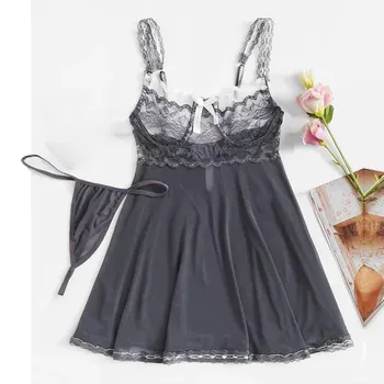 

Women Nightgown Nighty Nightdress Sexy Satin Lace Sleepwear Large Plus Size Floral Contrast Underwear Bathrobe With Thong 8/1