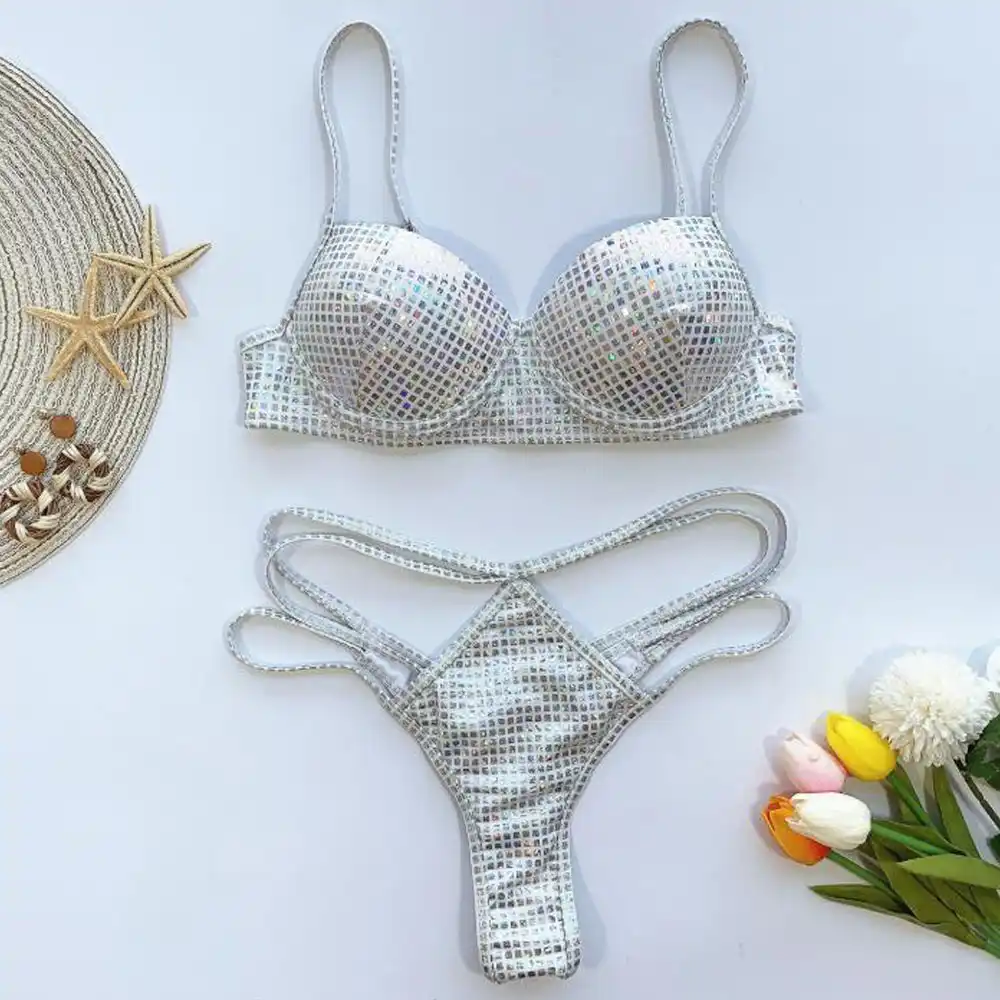 Sexy Halterneck Shiny Swimwear 2 Peice Set Women Lace Up sequin Bikini