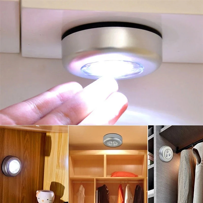 3-Led Silver Closet Cabinet Lamp AAA Battery Powered Wireless Stick Tap Push Security Kitchen Bedroom Wardrobe Night Light