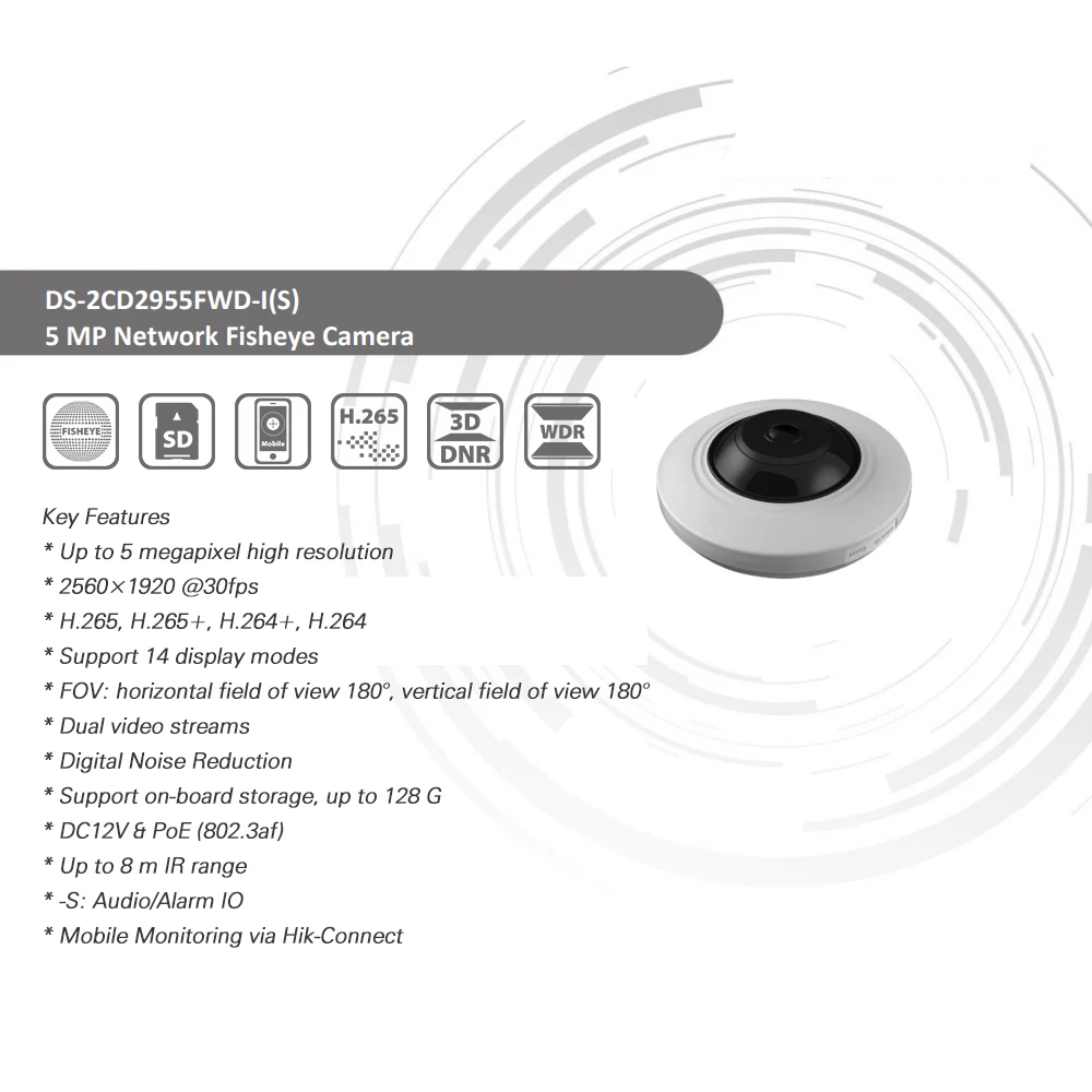 Hikvision IP камера панорамная DS 2CD2955FWD IS 5MP H.265 + рыбий глаз Фиксированная купольная