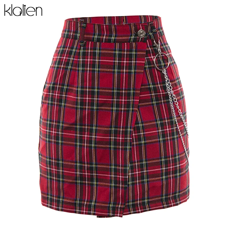 Klanien, весенние винтажные красные клетчатые мини юбки для женщин,, летняя мода, офисные, Клубные, вечерние, повседневные, короткие, плиссированные юбки, mujer - Цвет: Красный