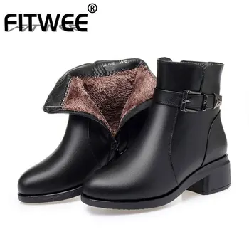

FITWEE New Warm Women Ankle Boots Winter Warm Genuine Leather Shoes Solid Color Round Toe Buckle Women Footwear Size 35-43