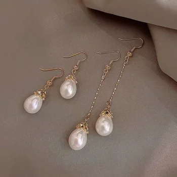 

Simple Water Drop Imitation Pearl Temperament Ear Hook Retro Palace Style Elegant Long Paragraph Wild High-quality Earrings