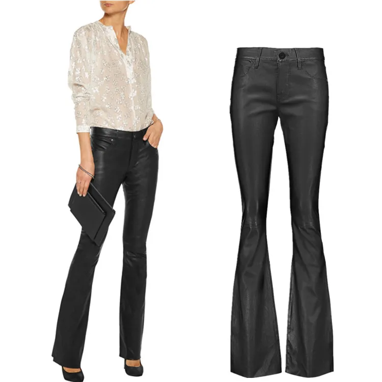 Женские облегающие брюки клеш со средней талией из ПУ кожи|flare pants|pu leather pantsfashion pants