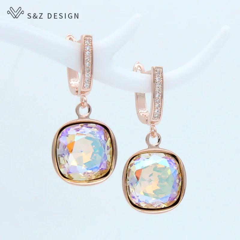 S&Z DESIGN Korean Fashion Elegant Colorful Square Crystal Dangle Earrings For Women Wedding Jewelry Gift 585 Rose Gold Eardrop