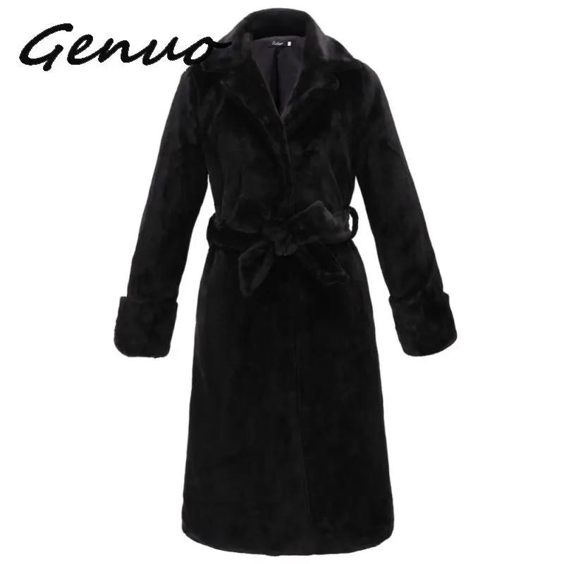 Genuo Новинка зимнее женское пальто из искусственного меха Женское зимнее теплое плотное шерстяное пальто куртка новая мода Черное длинное пальто с поясом