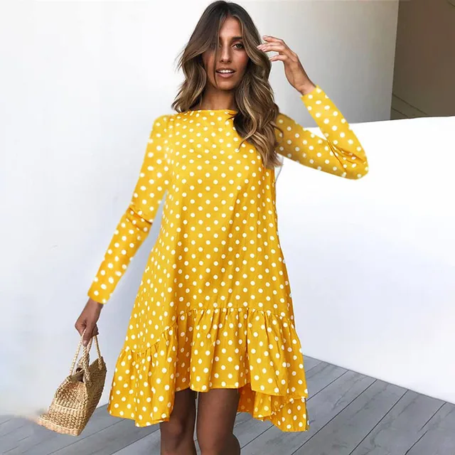 US $8.00 Spring Fashion Polka Dot Dress Women Long Sleeve Ruffle Ladies Casual Dresses 2020 Yellow Losse Dre