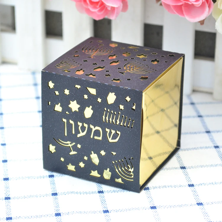 metallic gold black Бар мицва лазерная резка канделябры Спиннер дизайн на заказ иврит коробка - Цвет: metallic gold black