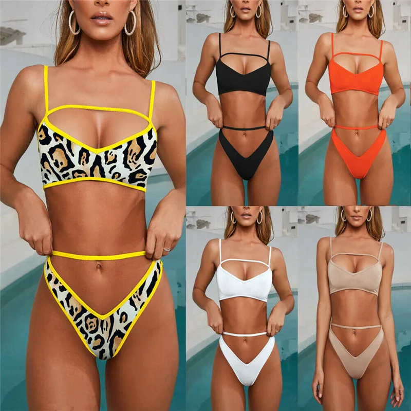 

Sexy Women Fashion Padded Bra Bikini Set Swimsuit Ladies Leopard Solid Bandage Push-up Triangle Swimwear Bathing Suits Biquini