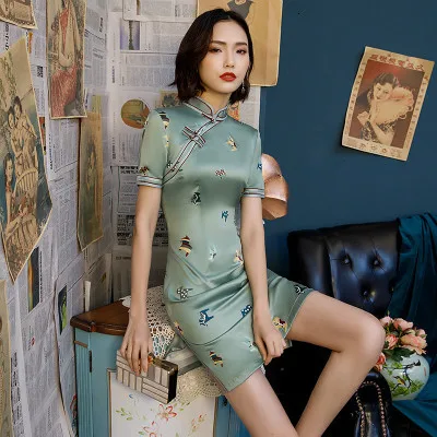 16 цветов традиционное китайское платье для женщин Мини Cheongsam Qipao одежда из шелка Ретро Qi Pao Восточный стиль несколько цветов 3XL - Цвет: 9810-blue qipao