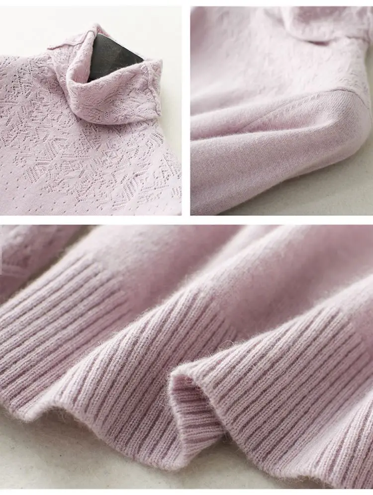 Winter Turtleneck Cashmere Wool Sweaters New Casual Heaps Collar Women Solid Long Hollows Sleeve Pullovers Knitte