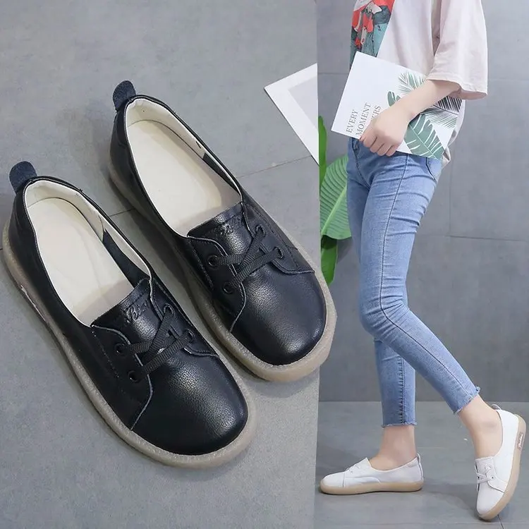 

Black And White with Pattern Small Leather Shoes Women's 2019 Summer Low-Cut Online Celebrity Small White Shoes Women's Versatil