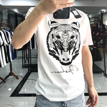 

2020 European and American men's short sleeve T-shirt European tiger bead embroidery mercerized cotton fashion round neck