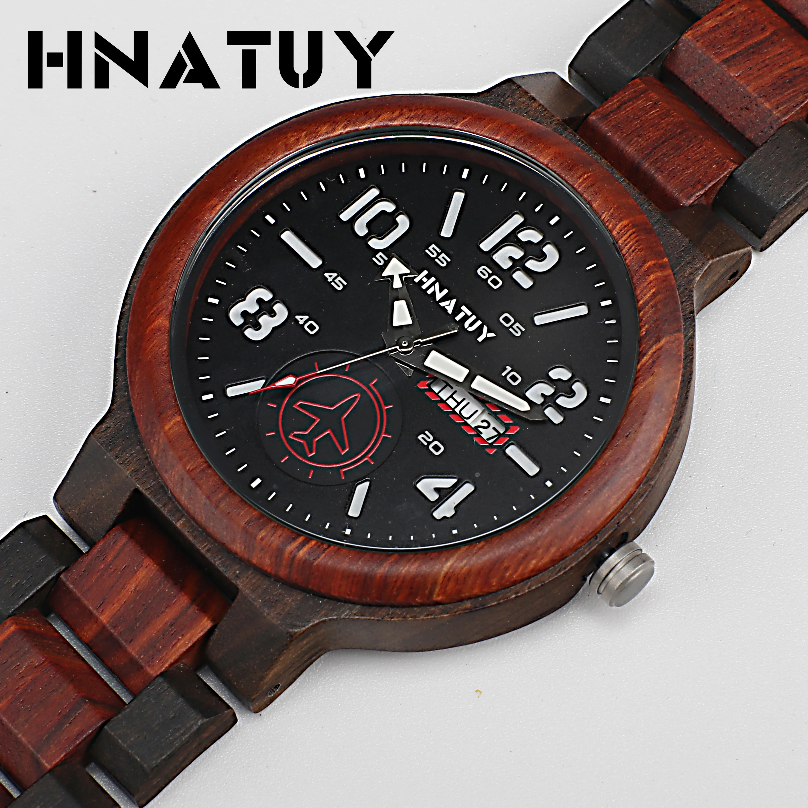 

Hnatuy Watch Buckle Wooden Quartz Watch Business Watches Wood Men Clock Men Week Display Male Timepieces in Gift Box