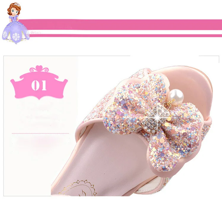 Детская блестящая обувь с бантиком для девочек; chaussures prinsessen schoenen; блестящие босоножки с бантиком; модельные туфли на высоком каблуке