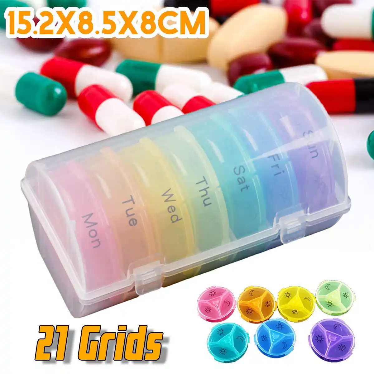 Portable 21 Grids Pills Box Holder Rainbow Round Travel Weekly Medicine Tablet Organizer with Transparent Storage Box Dispenser