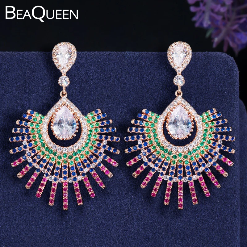 

BeaQueen Multicolored Big Fan Shape Dangle Drop Blue Green Red Cubic Zirconia Rose Gold Color Statement Earrings for Women E354