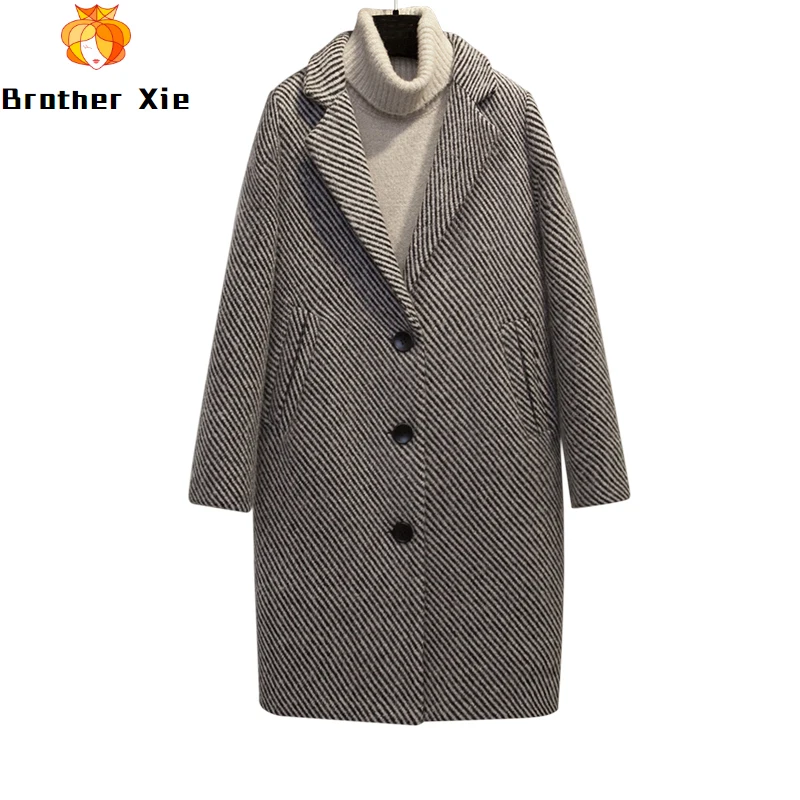 

2020 New Long Wool Coats Women Winter Blends Plaid Coat Femal Thick Turn-Down Striped Printed Loose Fashionable Outerwear Gray