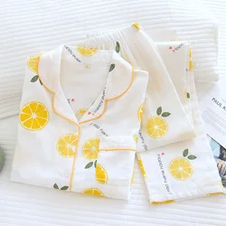Spring/Summer Ladies Pajamas Two-piece 100% Cotton Gauze Long-sleeved Trousers Lapel Cardigan Thin Style Home Service