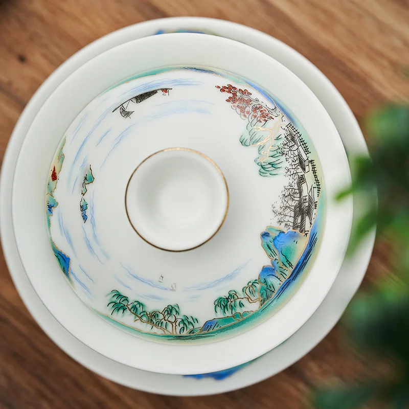 180ml Jingdezhen Landscape Ceramic Gaiwan Cup Hand-painted Tea Tureen Chinese Retro Tea Set Accessories Ceremony Drinkware