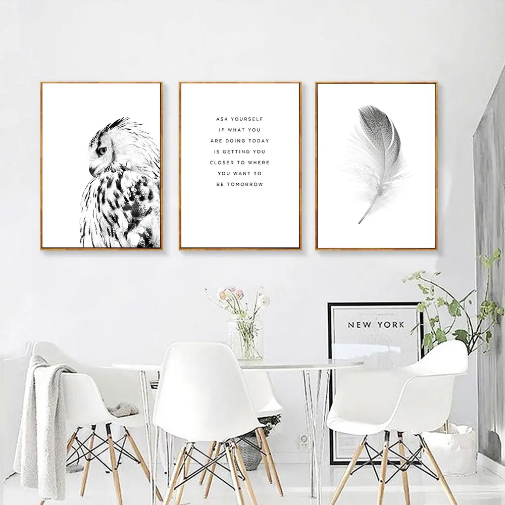 Nordic-Black-White-Poster-Owl-Canvas-Painting-Feather-Wall-Art-Print-Quote-Modern-Picture-For-Living