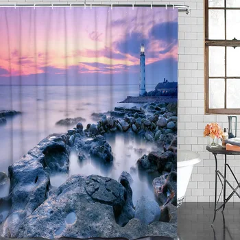 

Bathroom Curtain Scenery Lighthouse Ocean Reef Sunset Waterproof Fabric Shower Curtain Home Decoration Bathroom Shower Curtain
