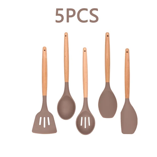 4-12 шт набор силиконовых кухонных принадлежностей с антипригарным шпателем лопата с деревянной ручкой с ящиком для хранения кухонные инструменты кухонная утварь 11 - Цвет: Gray-5PCS