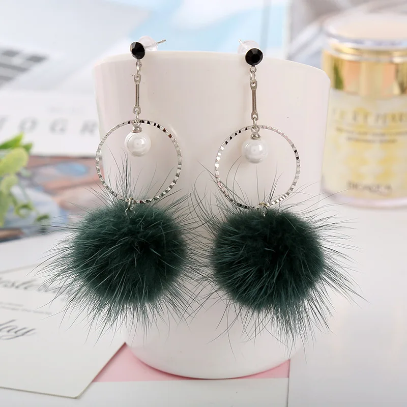 Корейские серьги с помпоном из меха норки, модные серьги с помпоном для женщин, длинные серьги с кругами и жемчугом, ювелирные изделия - Окраска металла: deep green