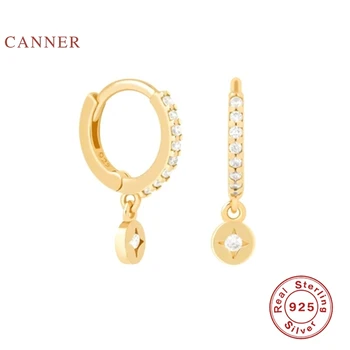 

CANNER Earrings For Women Real 925 Sterling Silver Small Disc Pendant Earrings Hoops Zircon Diamond Korean Jewelry Aretes
