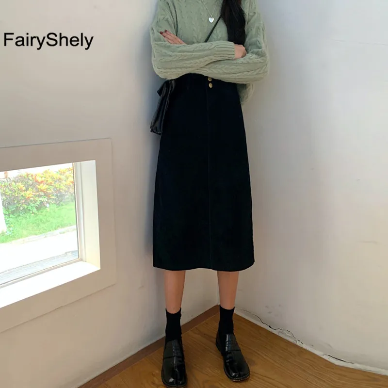 FairyShely Женская юбка осень зима вельветовые разрезные юбки элегантный корейский стиль Мода карман Высокая талия длинная юбка Femme