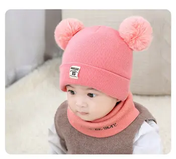 

Winter Baby Girl Boy Beanie Hat Solid Winter Warm Thread Knit Wrap Double Hair Ball Head Cap Bonnet Enfant