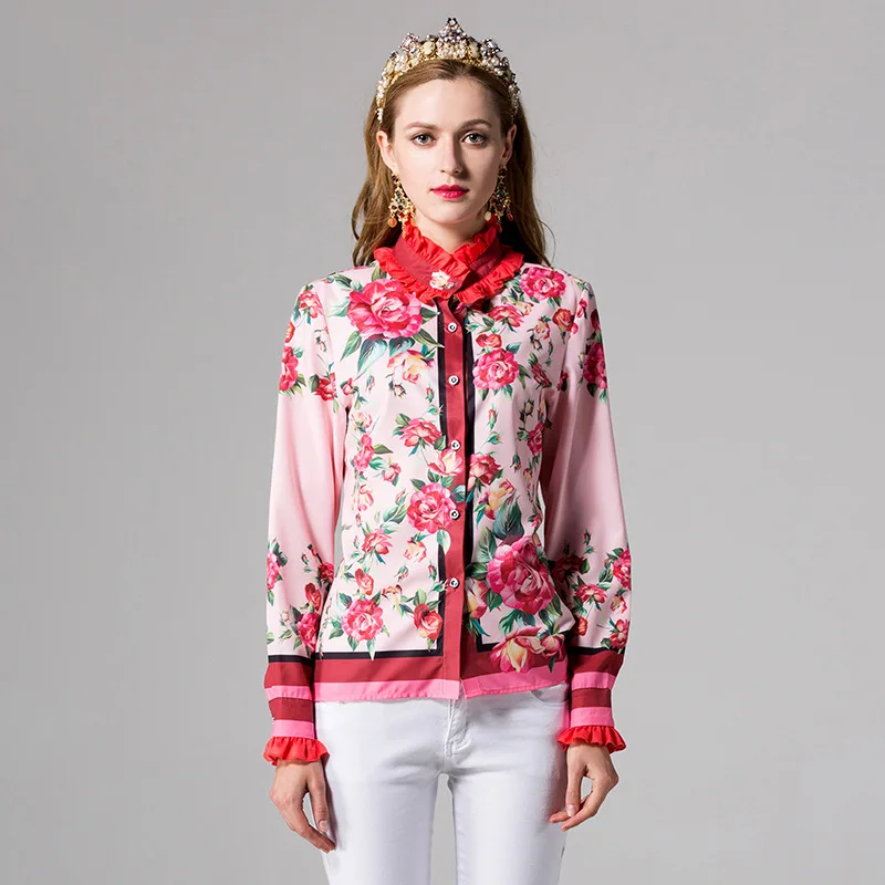

High Quality Fashion Runway Designer Blouse Women's Elegant Red Flower Printed Ruffles Lantern Sleeve Stand Casual Tops Shirts