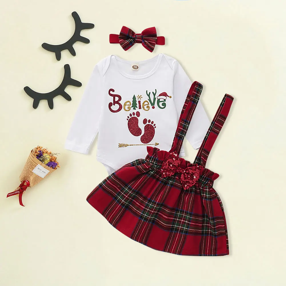 Рождественские топы для маленьких девочек; боди; ремни-подтяжки; юбка; комплект с платьем; повязка на голову; Рождественская одежда