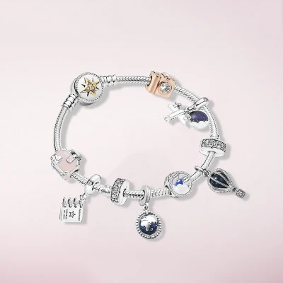 

925 Sterling Silver I Like To Travel Camera Suitcase Hot Air Balloon Bead Set Clear CZ Fit Women Bangle Bead Charm DIY Jewelry